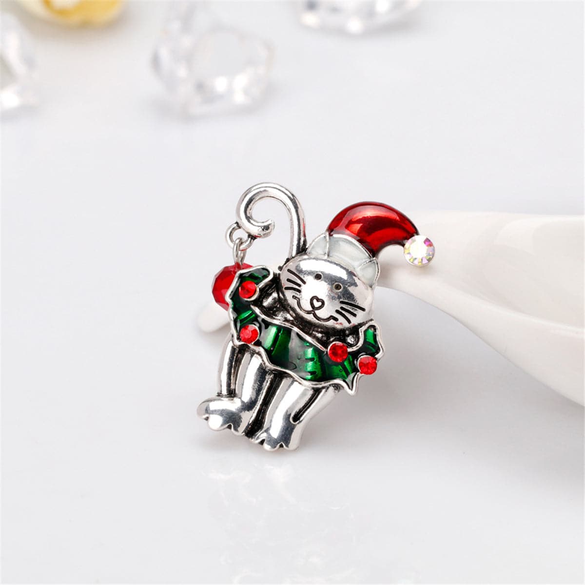 Cubic Zirconia & Red Enamel Silver-Plated Christmas Cat Brooch