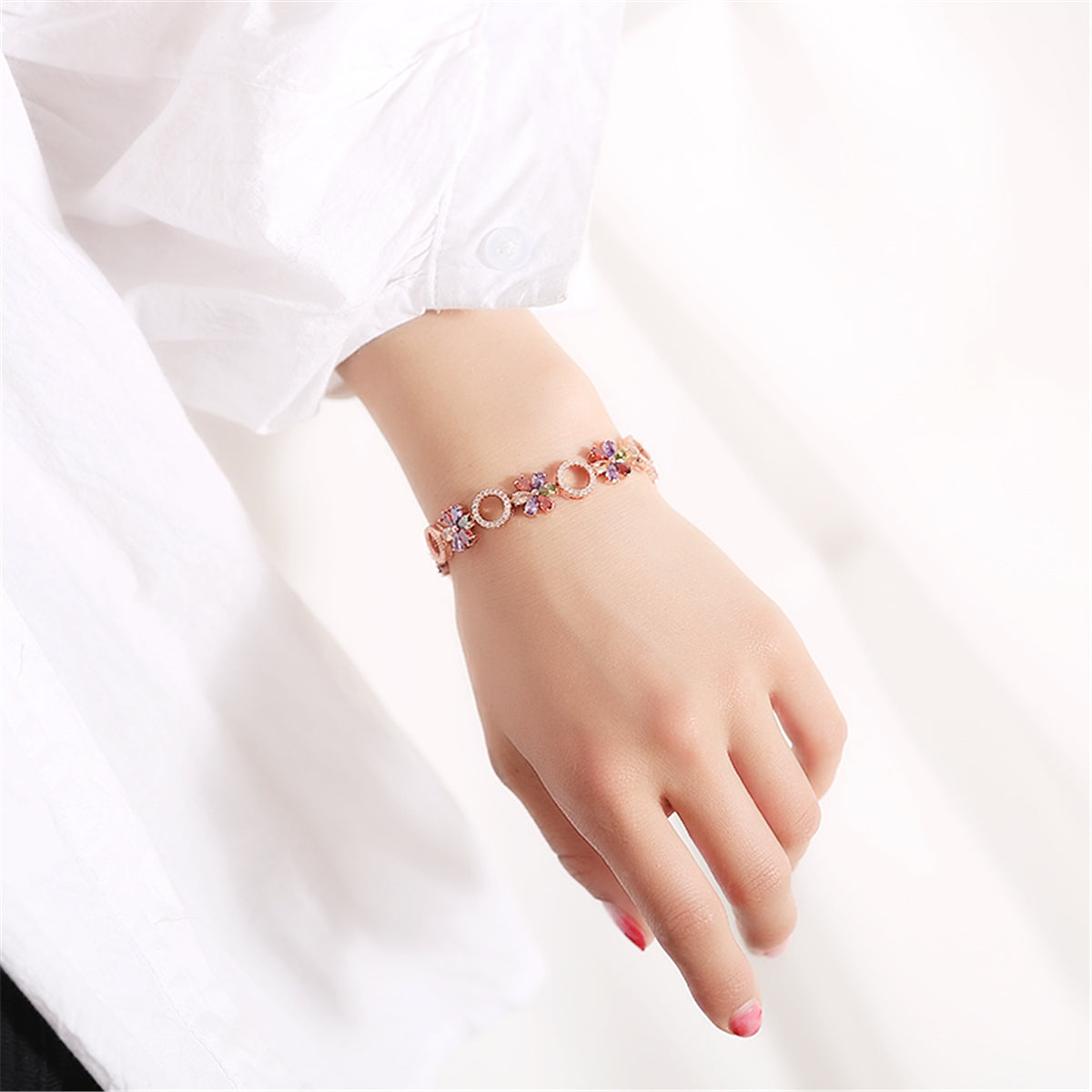 Red Crystal and Cubic Zirconia Flower-Link Bracelet, bracelet for women, elegant gift for her, styled look