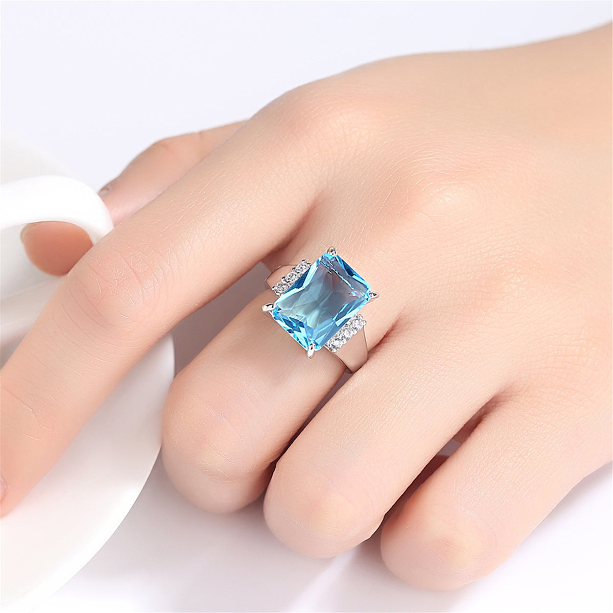Blue Crystal and Cubic Zirconia Princess-Cut Ring, statement rings for women, botanical inspired, front view