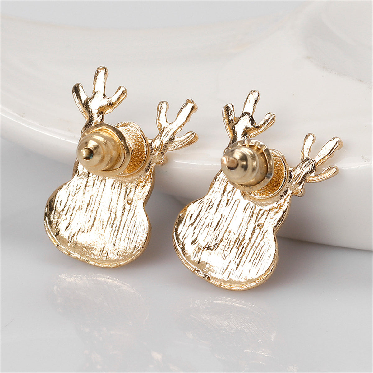 Red Enamel and 18K Gold-Plated Reindeer Face Stud Earrings, gold stud earrings for women, everyday style, lifestyle look
