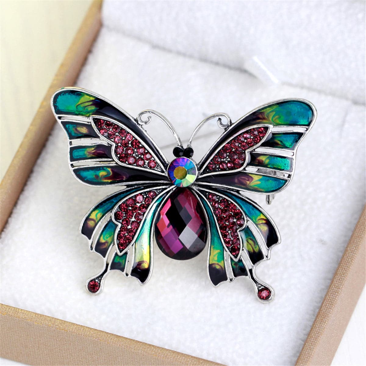 Pink & Teal Cubic Zirconia & Crystal Butterfly Brooch