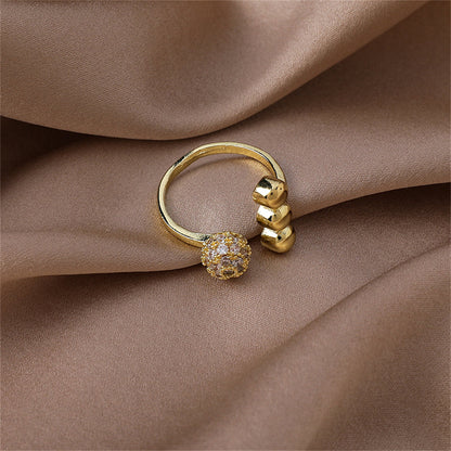 Cubic Zirconia and 18K Gold-Plated Ball Open Ring, gold statement rings for women, vintage-inspired design, front view