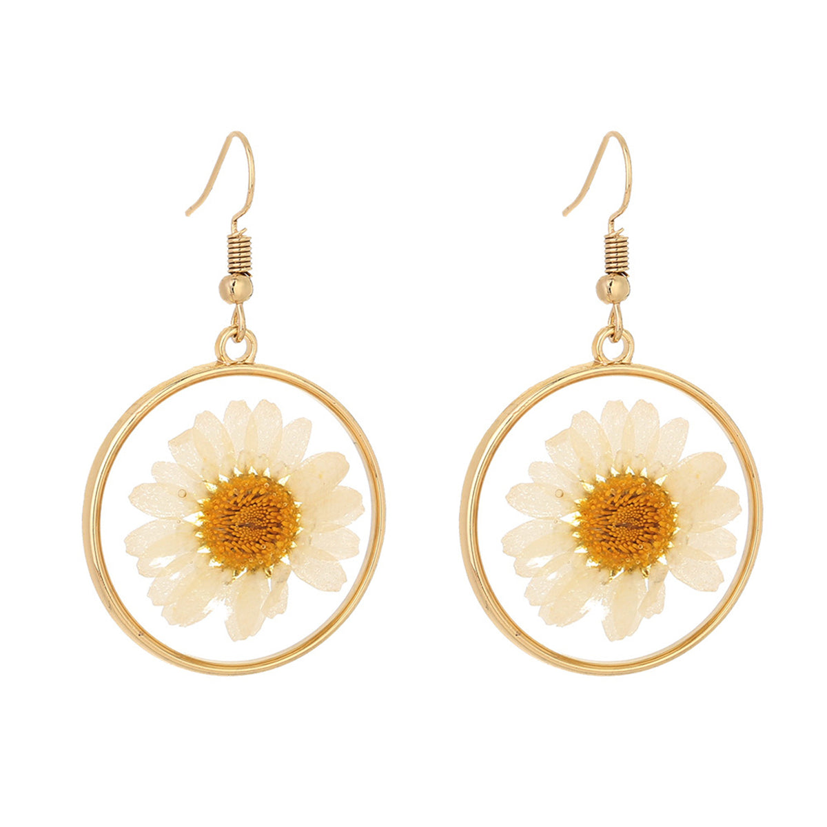 18K Gold-Plated Pressed Mum Round Drop Earring, gold drop earrings for women, dainty minimalist design, front view