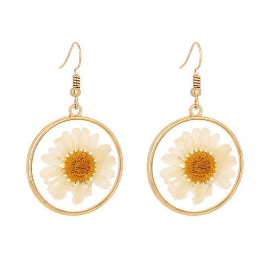18K Gold-Plated Pressed Mum Round Drop Earring, gold drop earrings for women, dainty minimalist design, front view