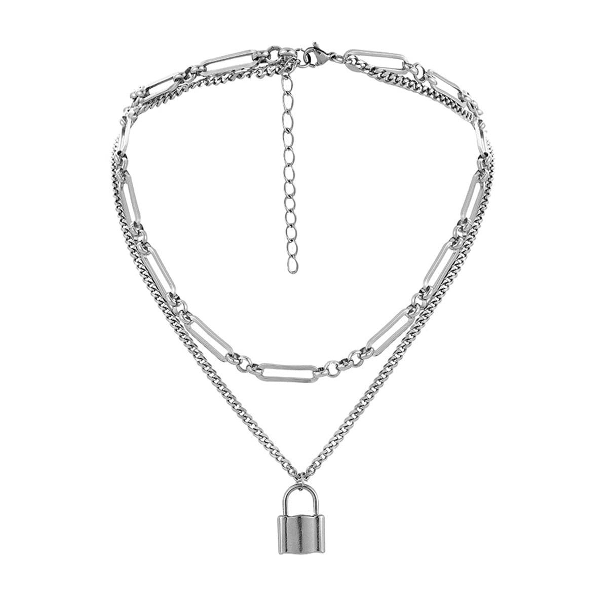 Silver-Plated Lock Layered Pendant Necklace, silver pendant necklace for women, elegant gift for her, front view