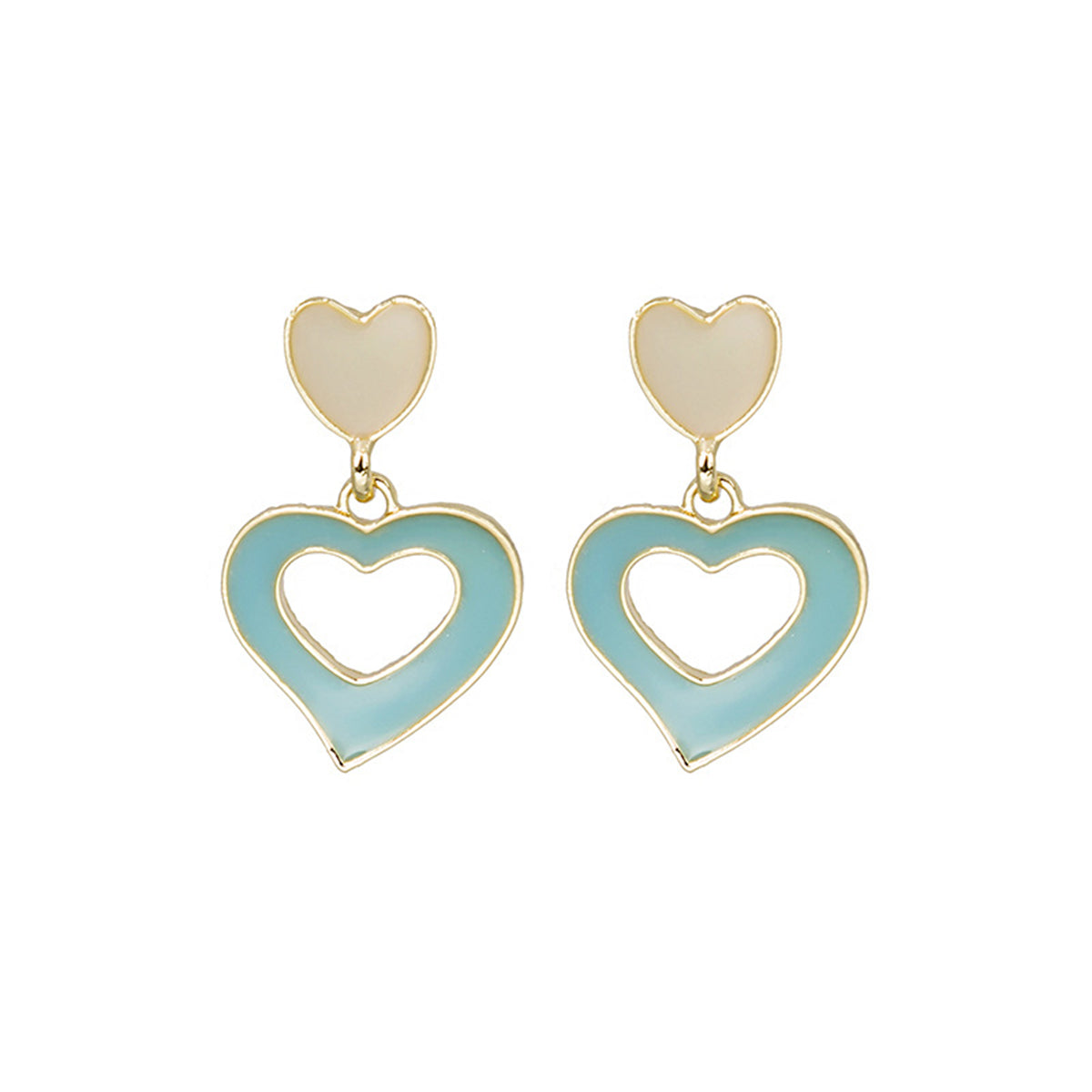 Aqua Enamel and 18K Gold-Plated Open Heart Drop Earrings, gold drop earrings for women, dainty minimalist design, side view