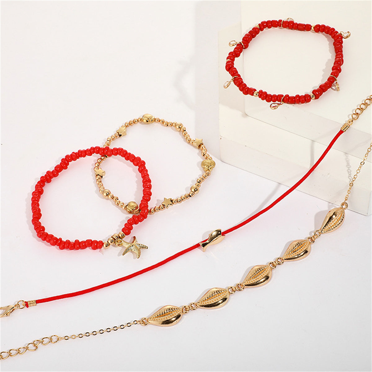Red & Cubic Zirconia Starfish Charm Anklet Set