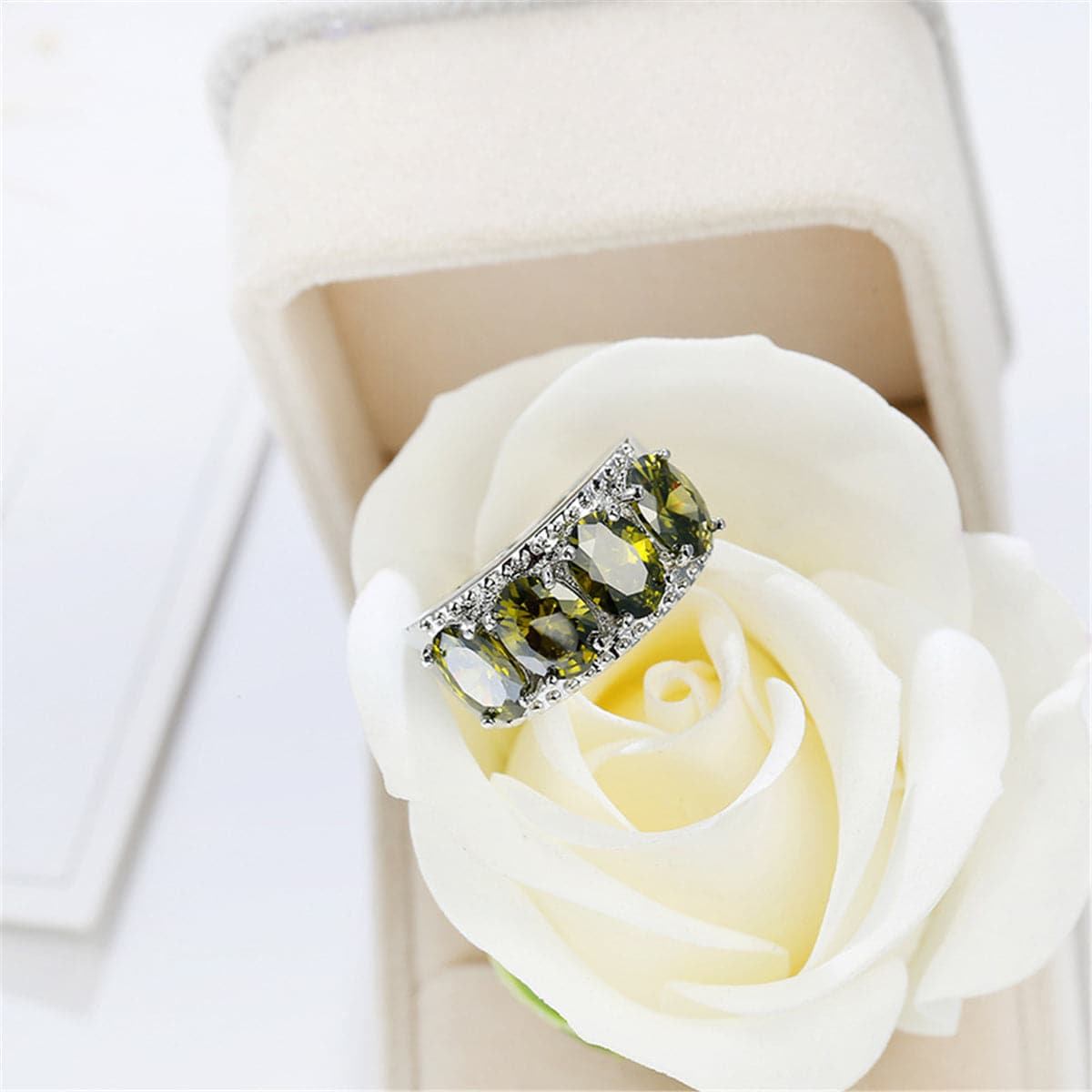 Olive Crystal and Silver-Plated Prong Ring, silver statement rings for women, botanical inspired, side view