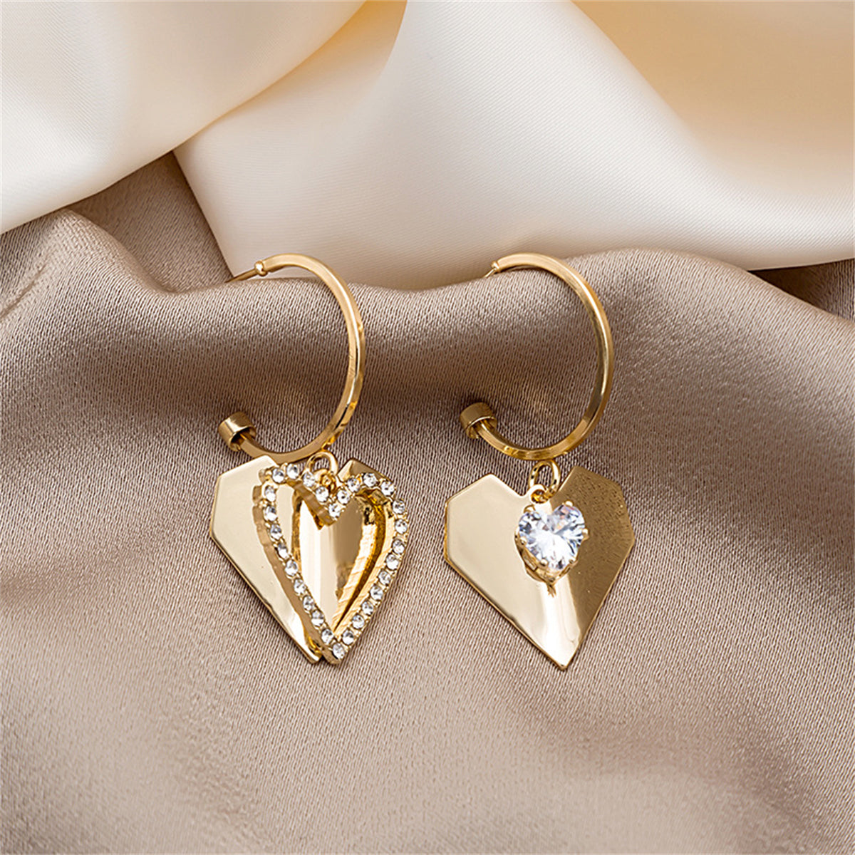 Cubic Zirconia & 18K Gold-Plated Folded Heart Drop Earrings