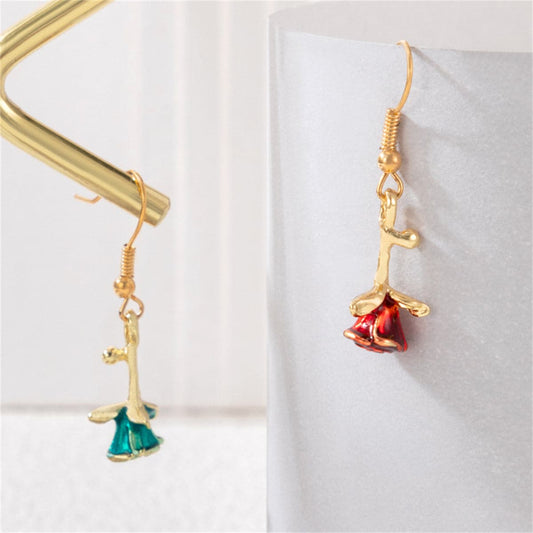 Red and Green Rose Drop Earrings, drop earrings for women, elegant gift for her, front view