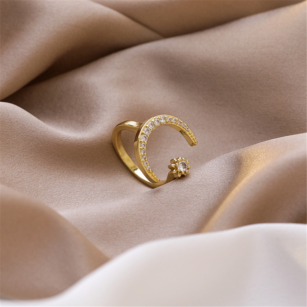 Cubic Zirconia and 18K Gold-Plated Moon Star Open Ring, gold statement rings for women, detail close-up