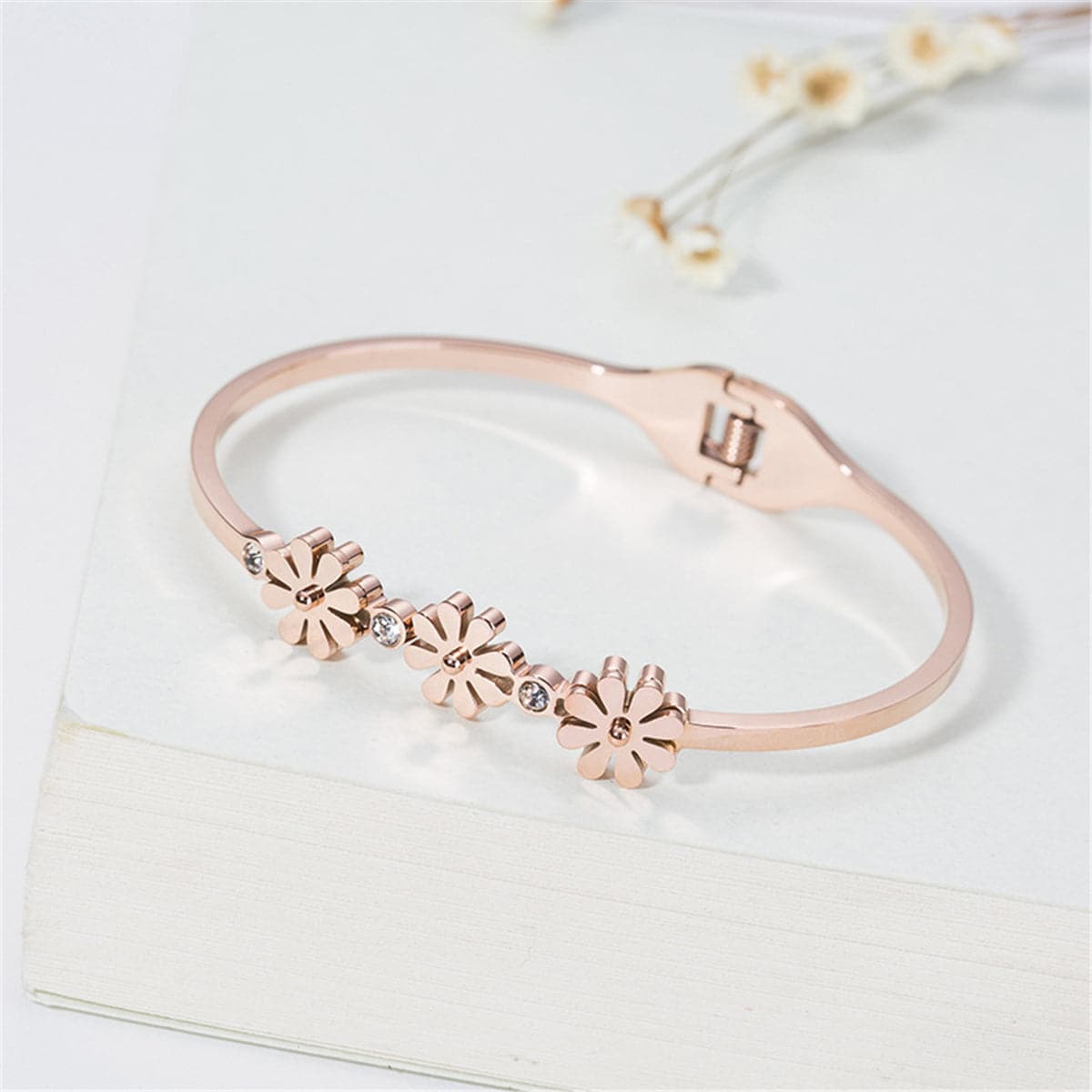 Cubic Zirconia and 18K Rose Gold-Plated Triple Mum Hinge Bangle, rose gold bangle bracelet, elegant gift for her, front view
