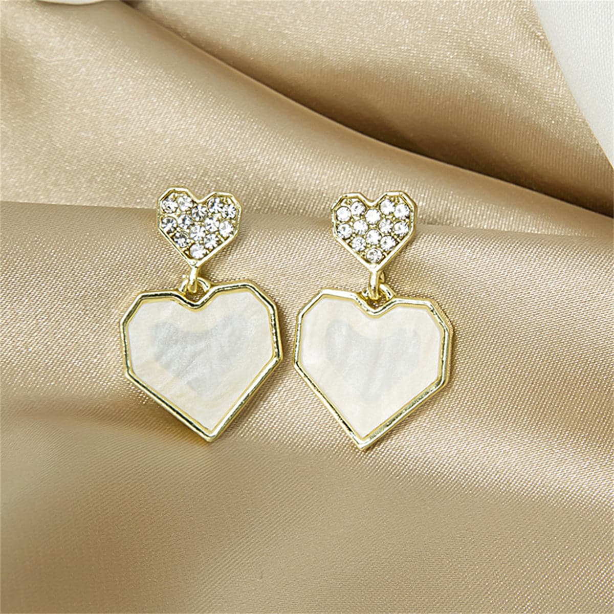 Cubic Zirconia and Shell 18K Gold-Plated Double Heart Drop Earrings, gold drop earrings for women, detail close-up