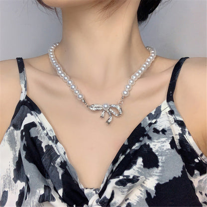 Cubic Zirconia and Pearl Beaded Bow Pendant Necklace, pendant necklace for women, everyday style, front view