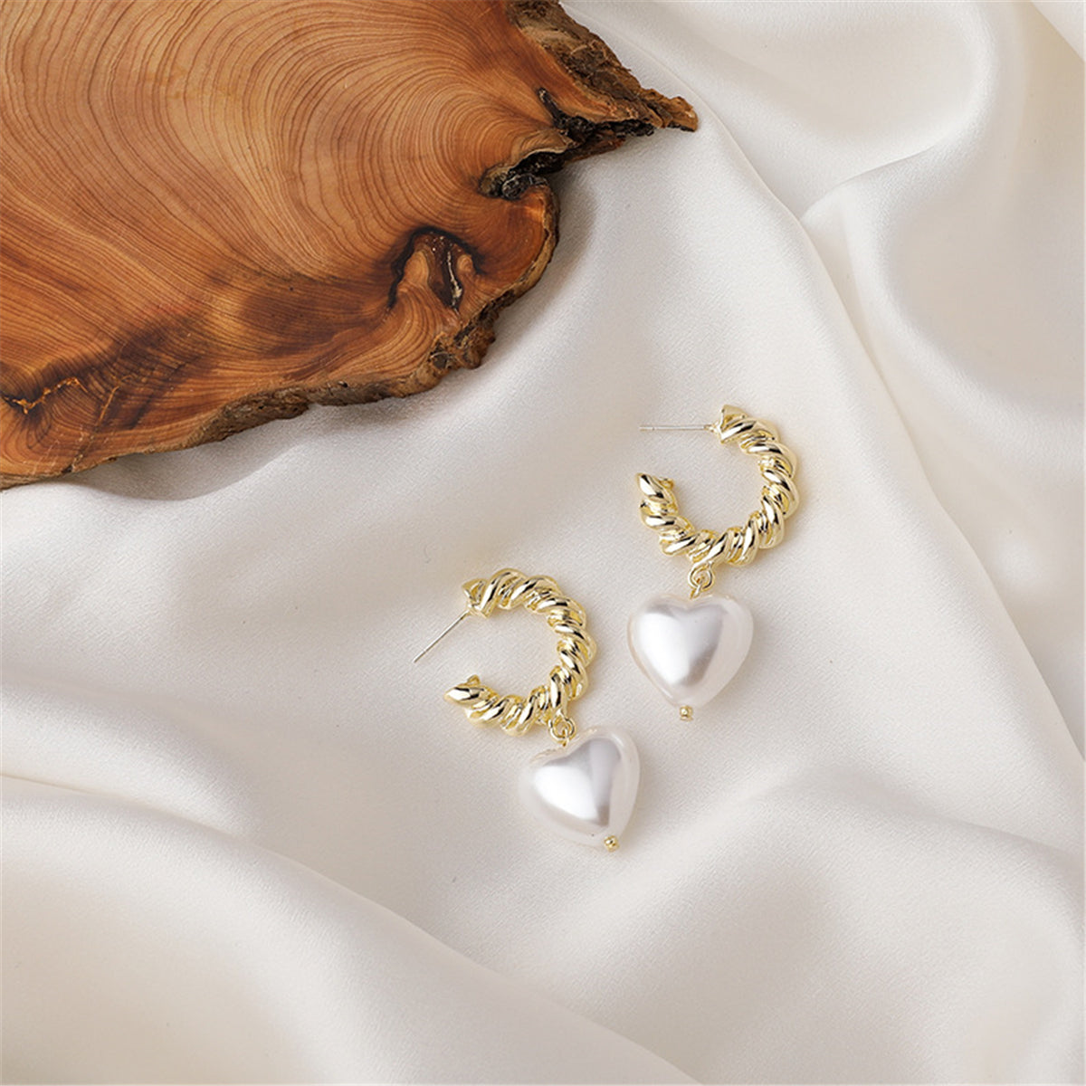 Pearl and 18K Gold-Plated Heart Drop Earrings, gold drop earrings for women, botanical inspired, detail close-up