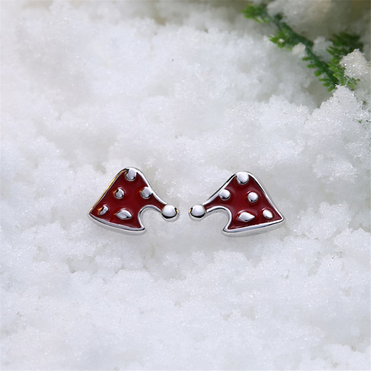 Red Enamel & Silver-Plated Christmas Hat Stud Earrings