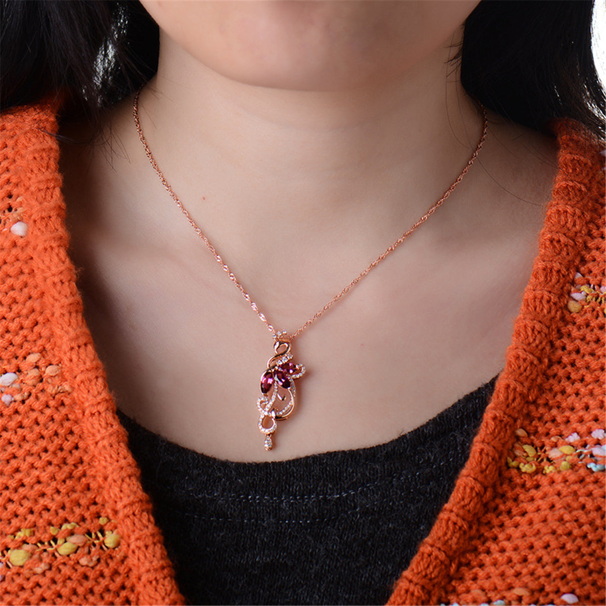 Red Crystal and Cubic Zirconia Pear-Cut Peacock Pendant Necklace, pendant necklace for women, elegant gift for her, side view