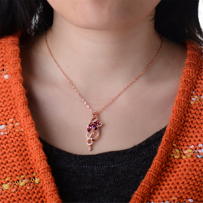 Red Crystal and Cubic Zirconia Pear-Cut Peacock Pendant Necklace, pendant necklace for women, elegant gift for her, side view