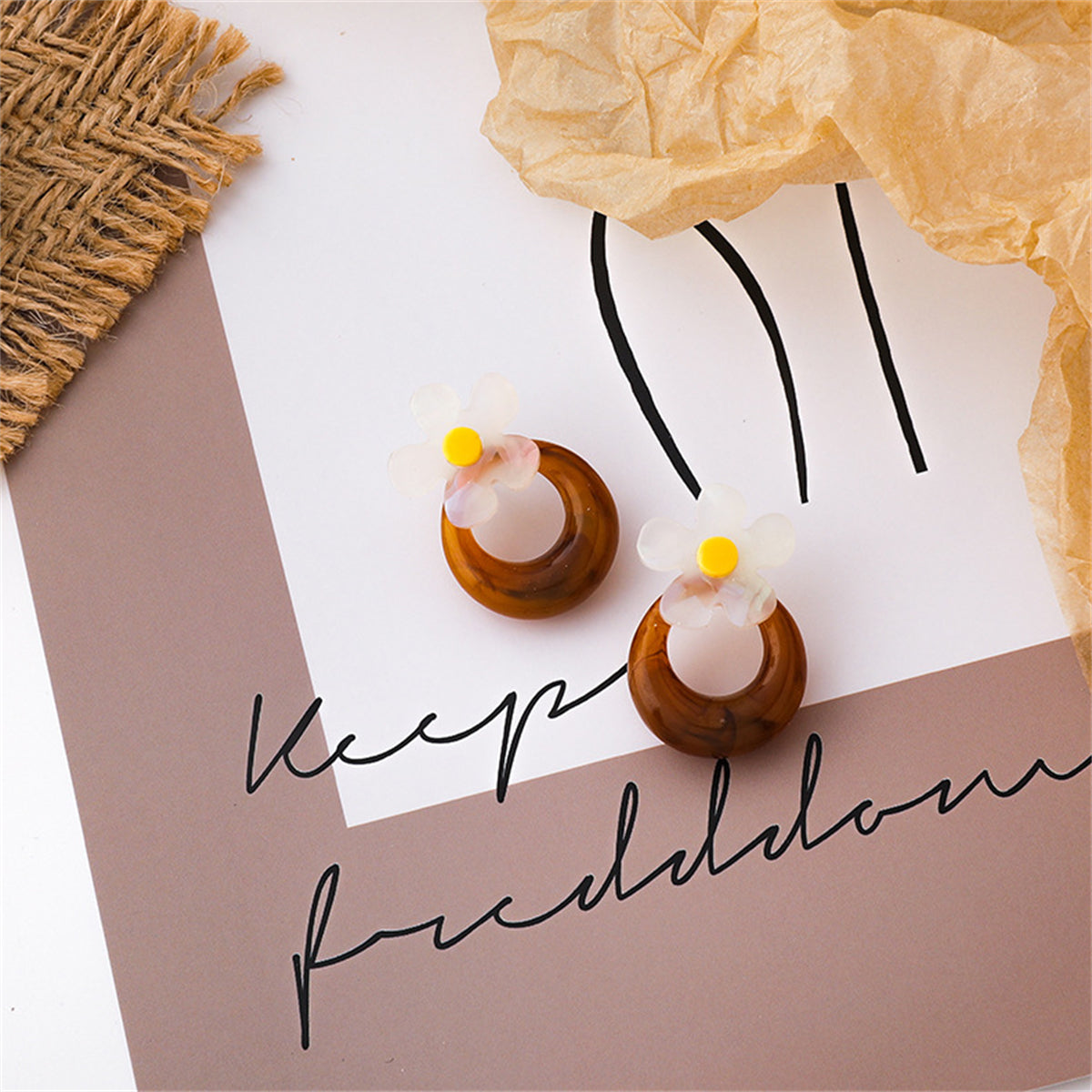 Brown and White Acrylic Floral Hoop Stud Earrings, drop earrings for women, botanical inspired, lifestyle look