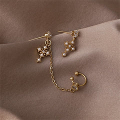 Cubic Zirconia & Pearl 18K Gold-Plated Cross Clip-On Drop Earrings