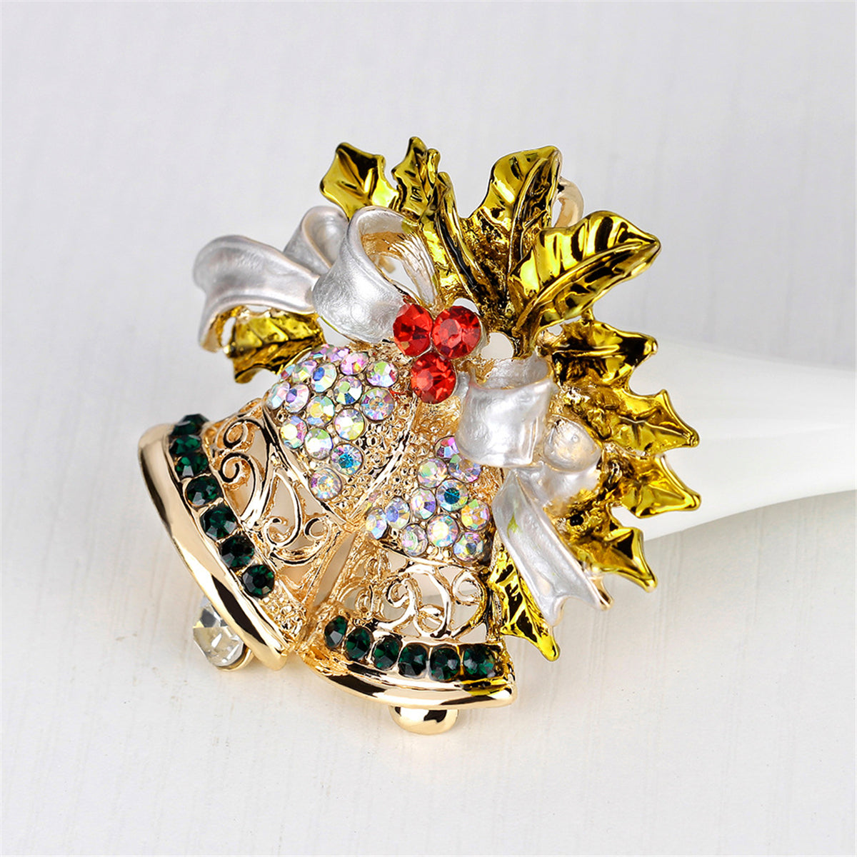 Cubic Zirconia and 18K Gold-Plated Botany Bow and Bell Brooch, gold brooch pin, vintage-inspired design, side view