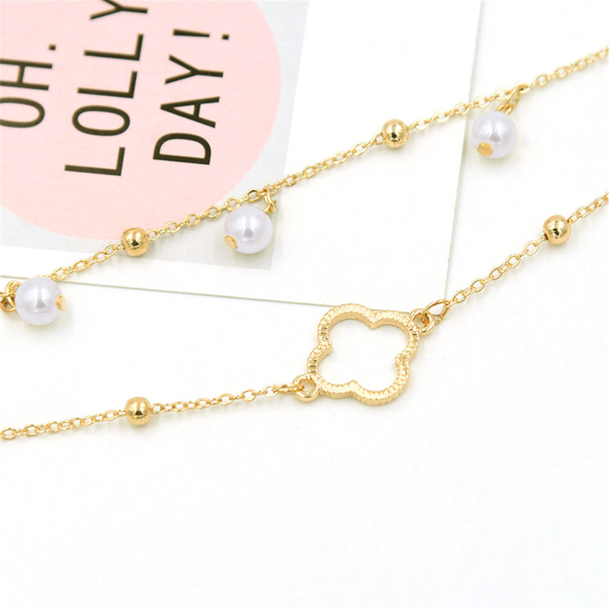 Pearl & 18K Gold-Plated Bead Station Clover Layer Anklet