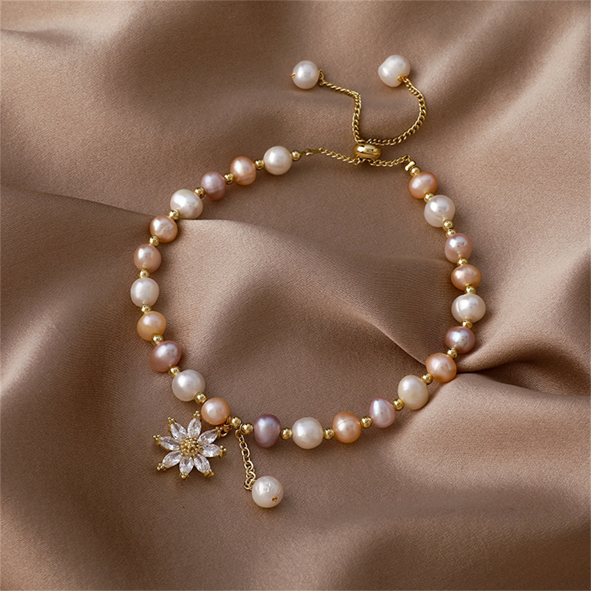 Pink Pearl & Cubic Zirconia Floral Adjustable Charm Bracelet