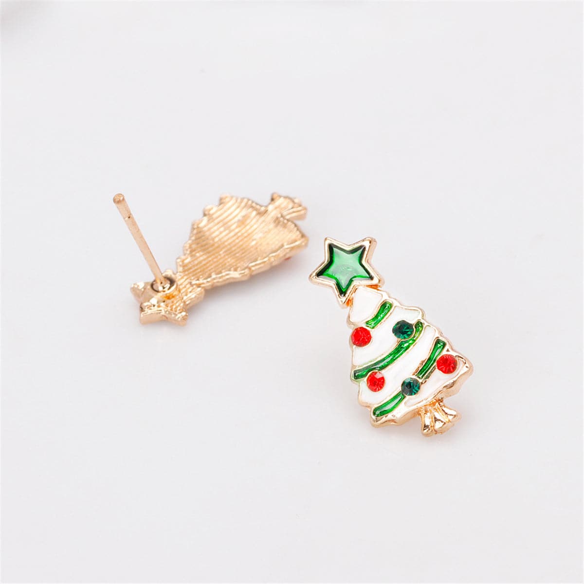 Cubic Zirconia & Enamel 18K Gold-Plated Star Christmas Tree Stud Earrings