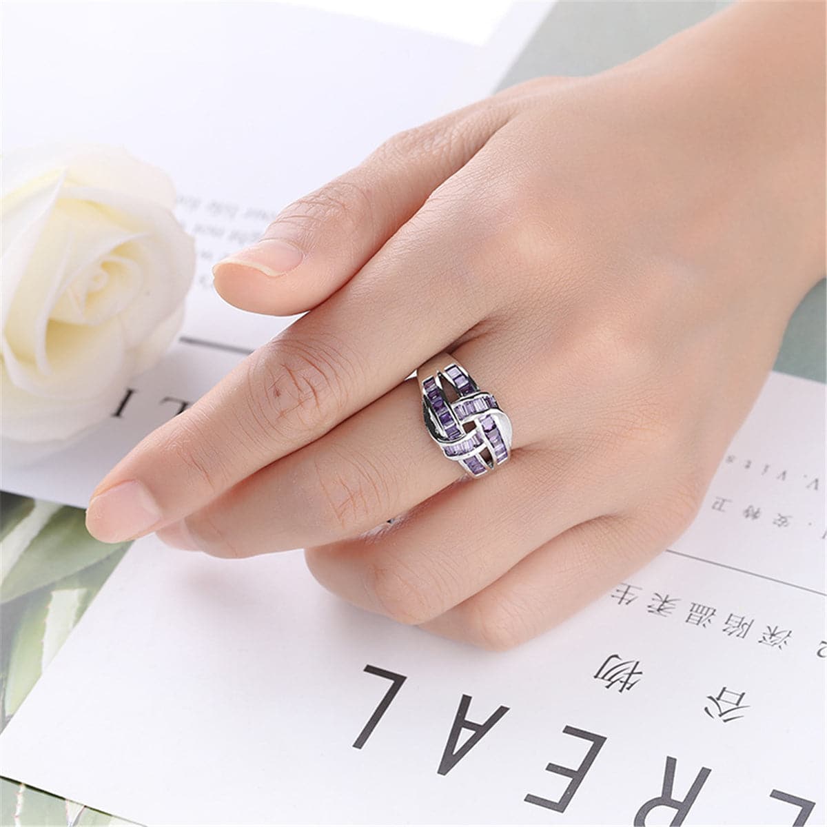 Purple Crystal & Silver-Plated Knot Ring