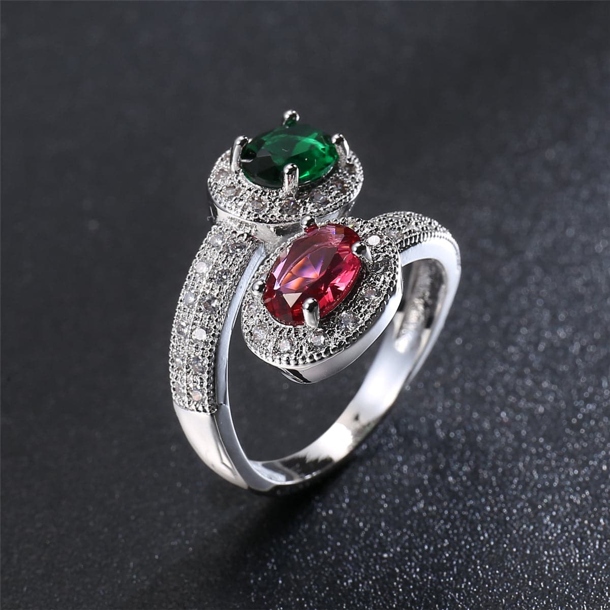 Green Pink Cubic Zirconia & Crystal Botany Bypass Ring