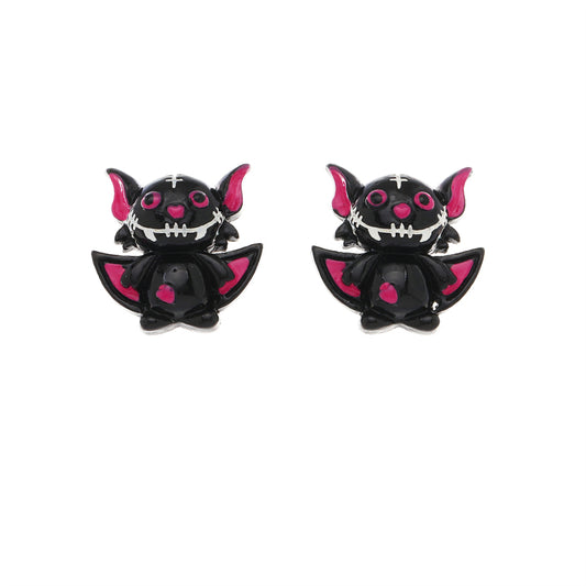 Black and Silver-Plated Bat Stud Earrings, silver stud earrings for women, vintage-inspired design, front view