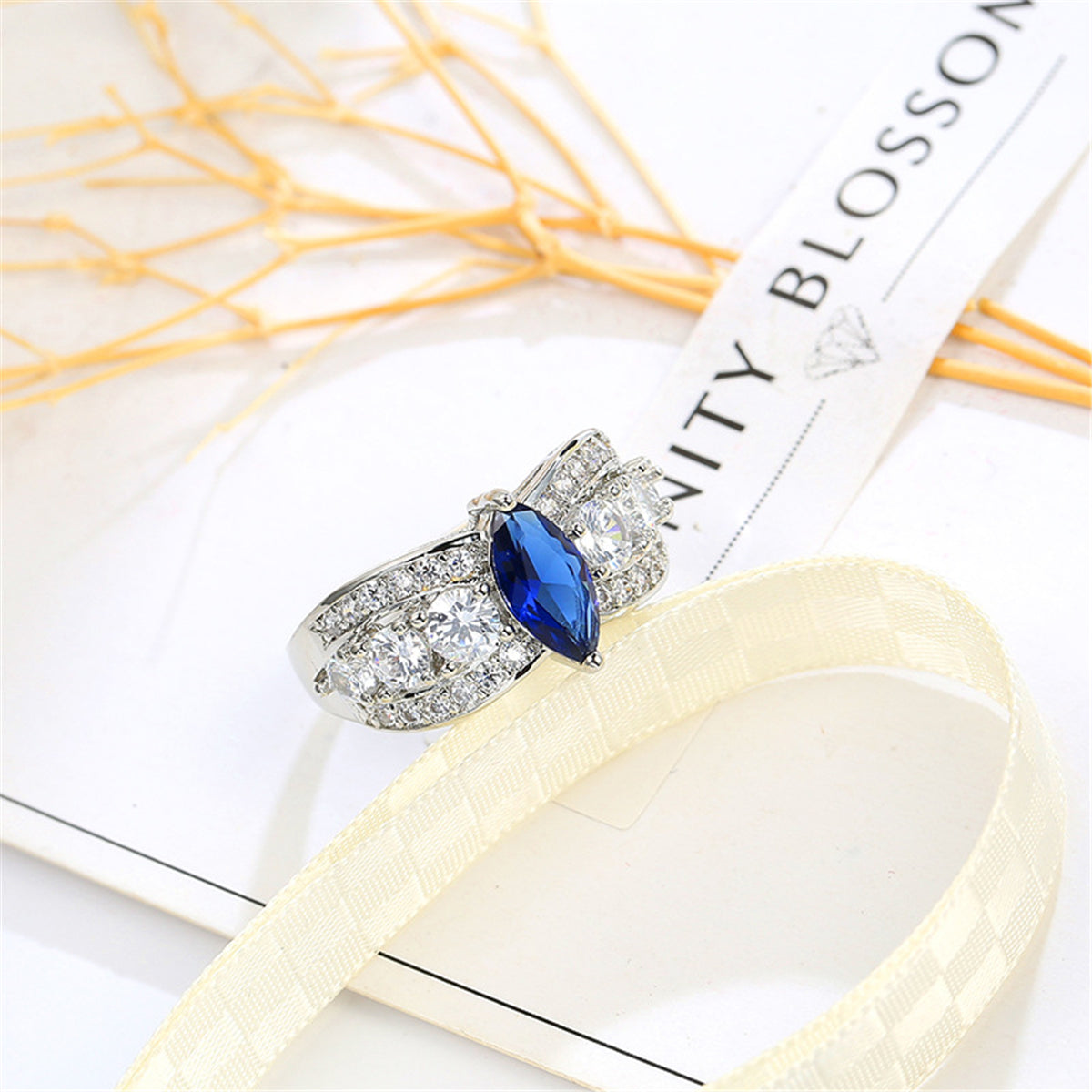 Navy Crystal and Cubic Zirconia Marquis Ring, statement rings for women, vintage-inspired design, front view