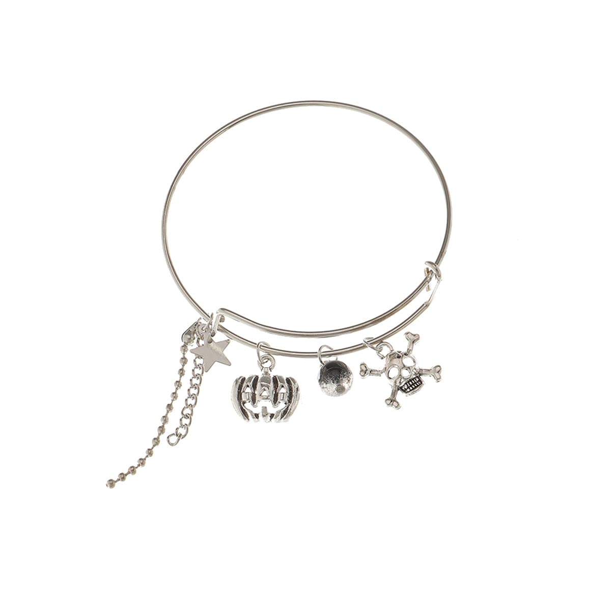 Black Glass and Silver-Plated Pumpkin Skull Charm Adjustable Bangle, silver bangle bracelet, detail close-up