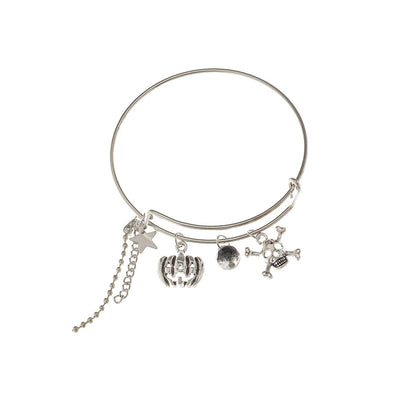 Black Glass and Silver-Plated Pumpkin Skull Charm Adjustable Bangle, silver bangle bracelet, detail close-up