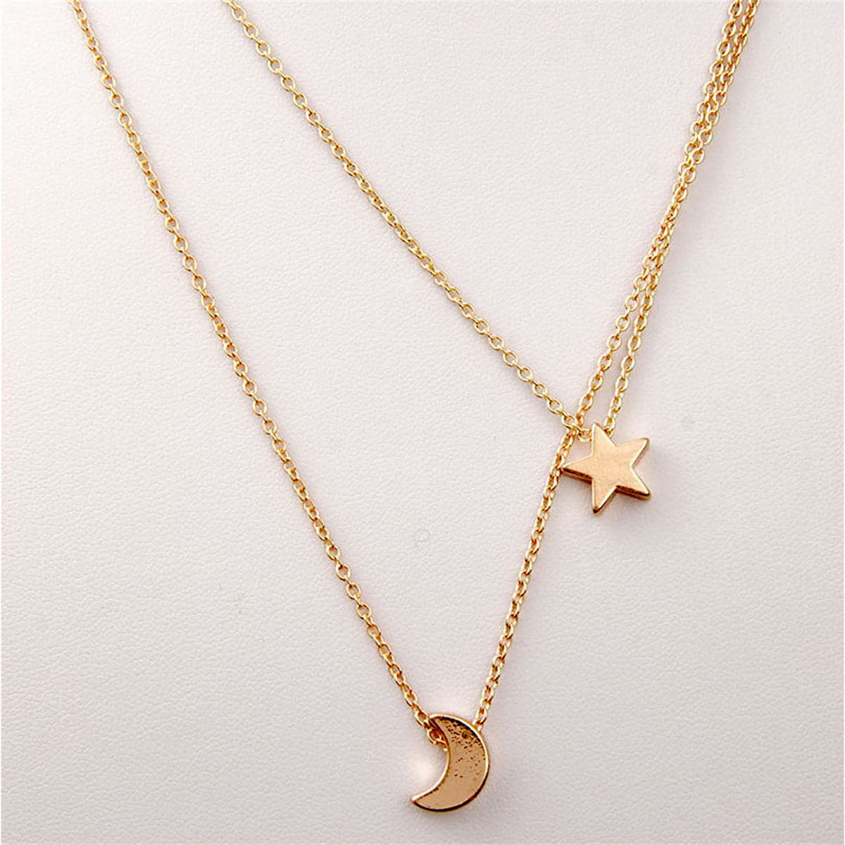 18K Gold-Plated Star and Moon Layered Necklace, gold pendant necklace for women, elegant gift for her, detail close-up
