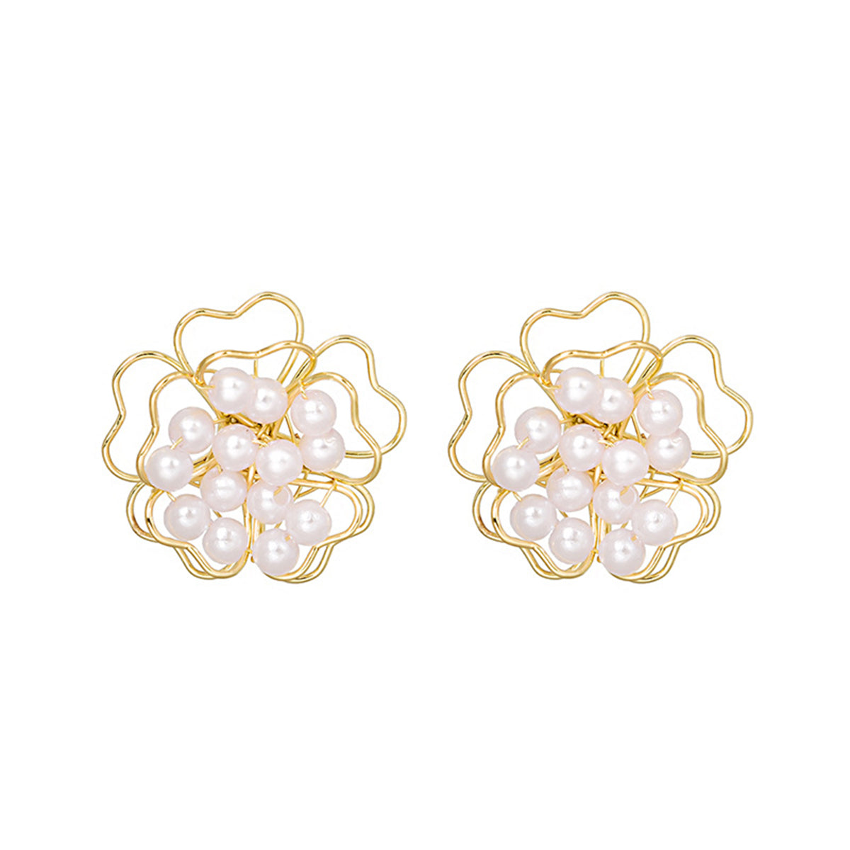 Pearl & 18K Gold-Plated Stacked Openwork Floral Stud Earrings