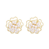 Pearl & 18k Gold-Plated Stacked Openwork Floral Stud Earrings