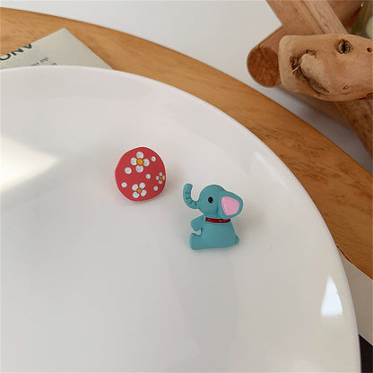 Pink Flower and Teal Enamel Elephant Mismatch Stud Earrings, stud earrings for women, dainty minimalist design, side view