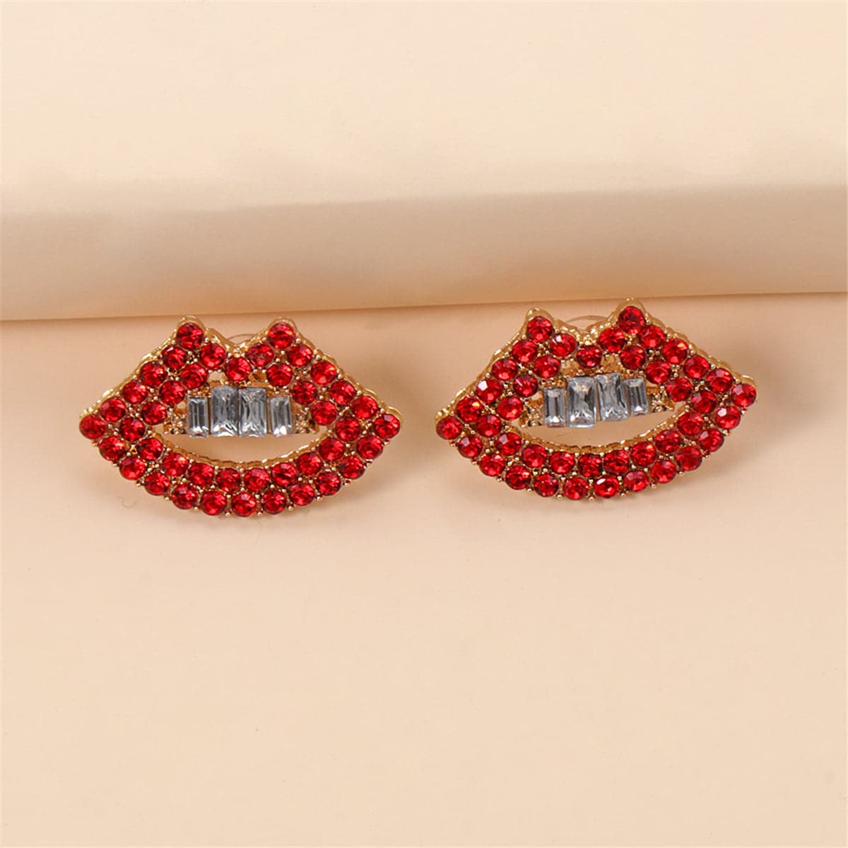 Red Cubic Zirconia & 18K Gold-Plated Lips Stud Earrings