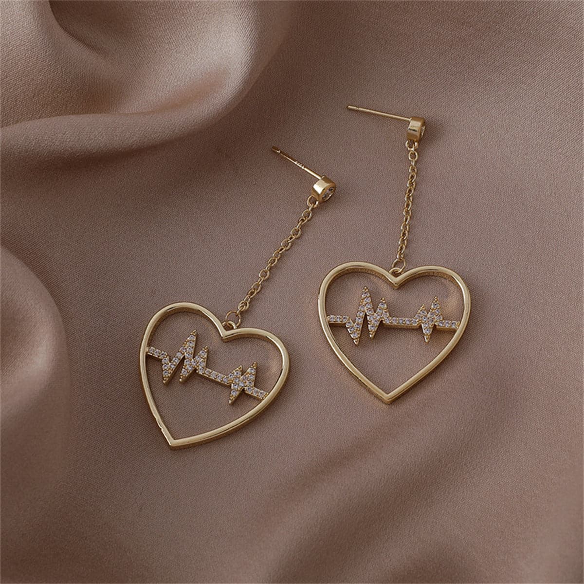 Cubic Zirconia and 18K Gold-Plated Heartbeat Drop Earrings, gold drop earrings for women, detail close-up