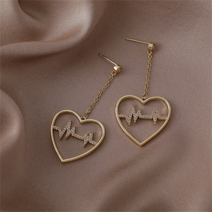 Cubic Zirconia and 18K Gold-Plated Heartbeat Drop Earrings, gold drop earrings for women, detail close-up