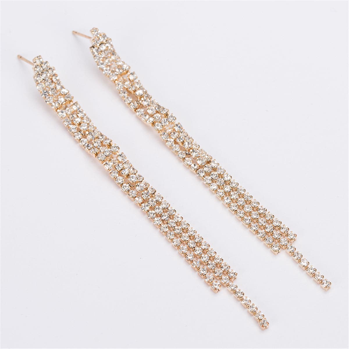 Cubic Zirconia and 18K Gold-Plated Three-Line Drop Earrings, gold drop earrings for women, botanical inspired, front view