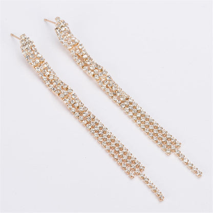 Cubic Zirconia and 18K Gold-Plated Three-Line Drop Earrings, gold drop earrings for women, botanical inspired, front view