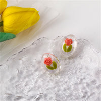Pink & Green Rose Oval Stud Earrings