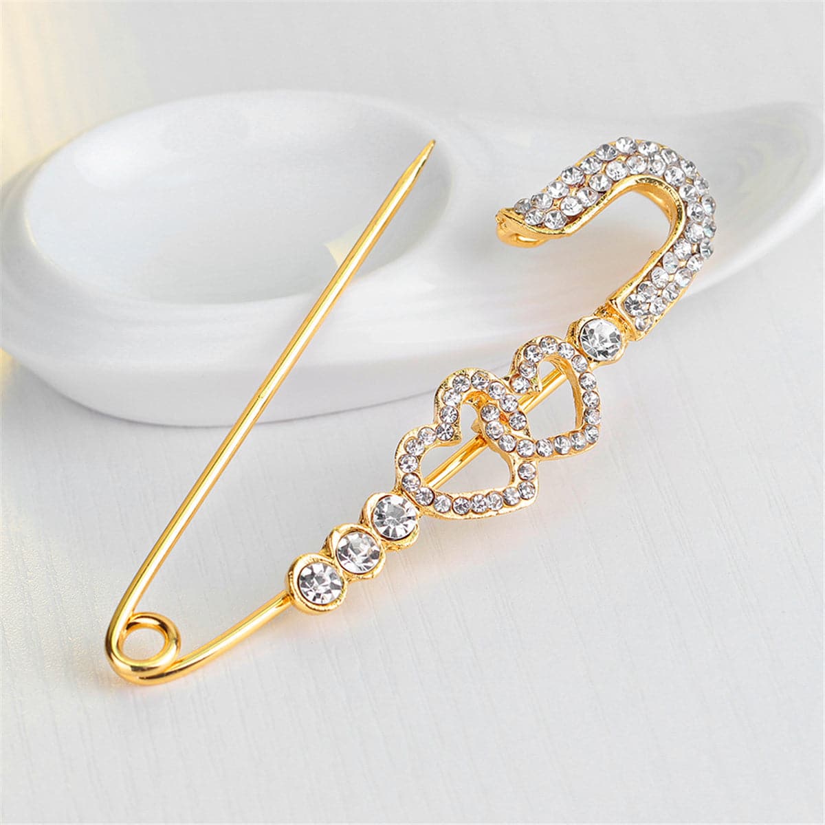 Cubic Zirconia & 18K Gold-Plated Open Heart Pin Brooch