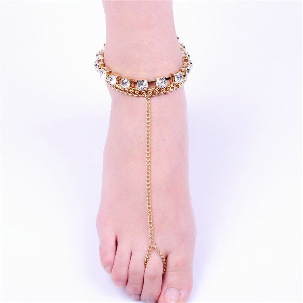 Cubic Zirconia and 18K Gold-Plated Figaro Layer Anklet and Toe Ring Set, gold statement rings for women, side view