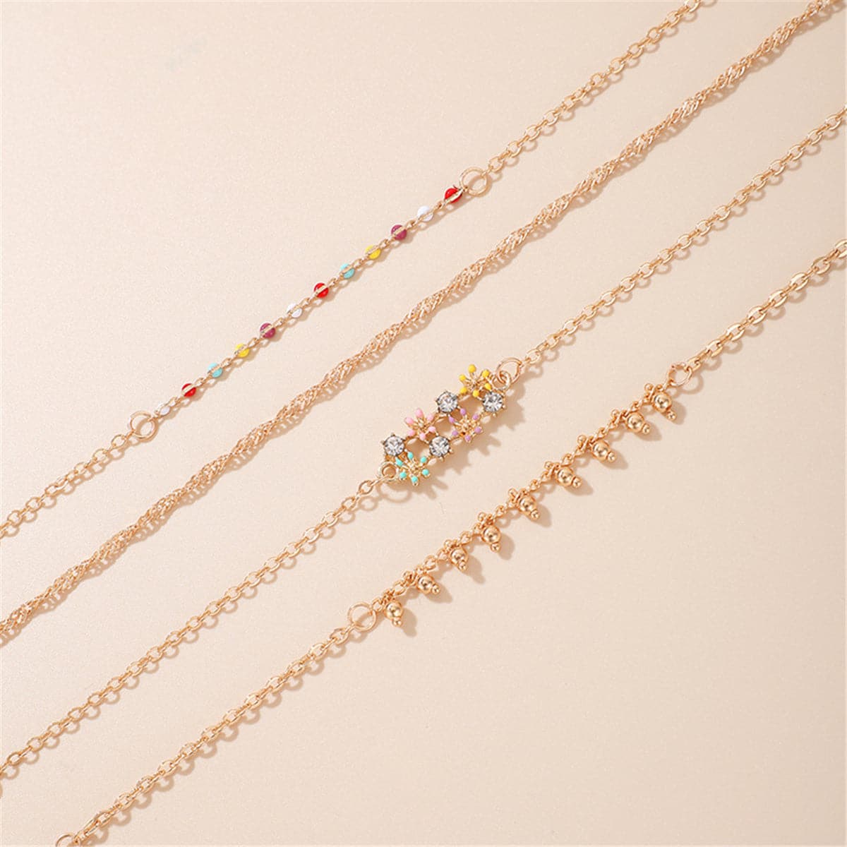 Cubic Zirconia & Resin Oil Drip 18K Gold-Plated Flower Anklet Set