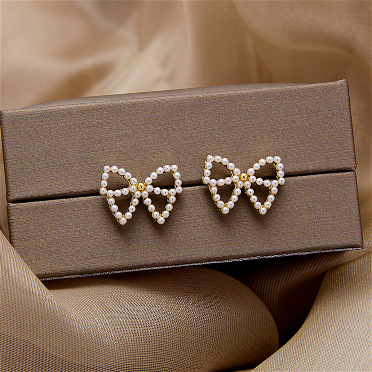Pearl and 18K Gold-Plated Bow Stud Earrings, gold stud earrings for women, elegant gift for her, side view