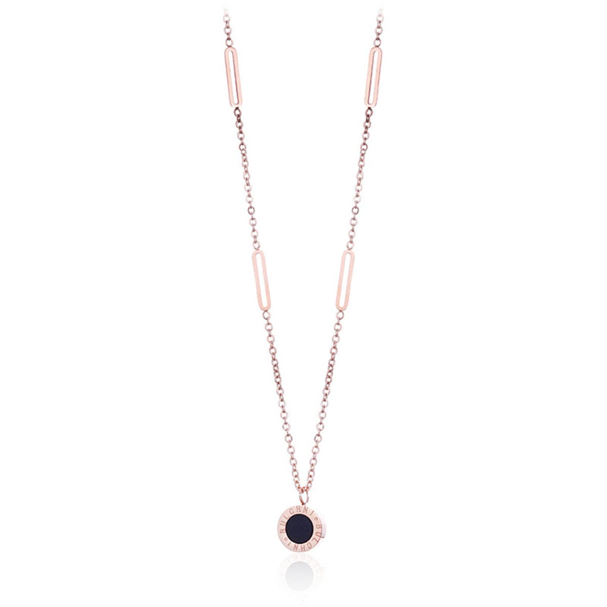 Black and 18K Rose Gold-Plated Roman Numeral Plate Pendant Necklace, rose gold pendant necklace for women, front view