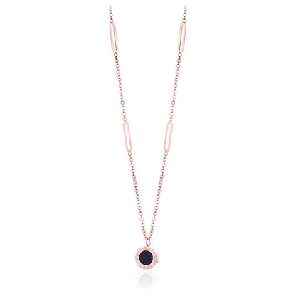 Black and 18K Rose Gold-Plated Roman Numeral Plate Pendant Necklace, rose gold pendant necklace for women, front view